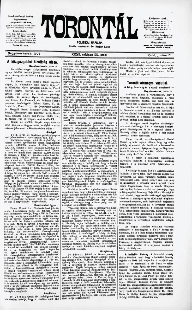 Torontál, 37. évf. 1908. június 16. 137. sz.