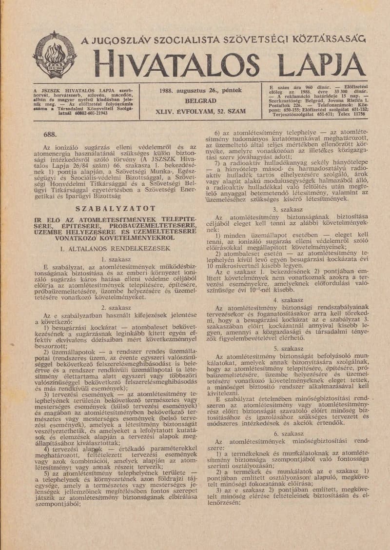 A Jugoszláv Szocialista Szövetségi Köztársaság Hivatalos Lapja, 44. évf. 1988. augusztus 26. 52. sz. 1405–1428. oldal