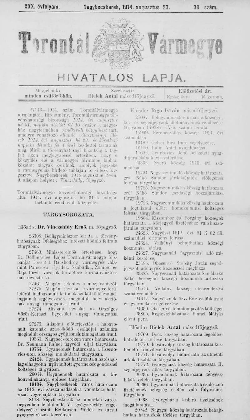 Torontál Vármegye Hivatalos Lapja, 30. évf. 1914. augusztus 23. 39. sz.