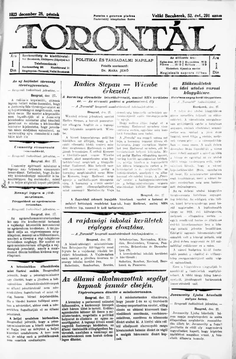 Torontál, 52. évf. 1923. december 28. 291. sz.