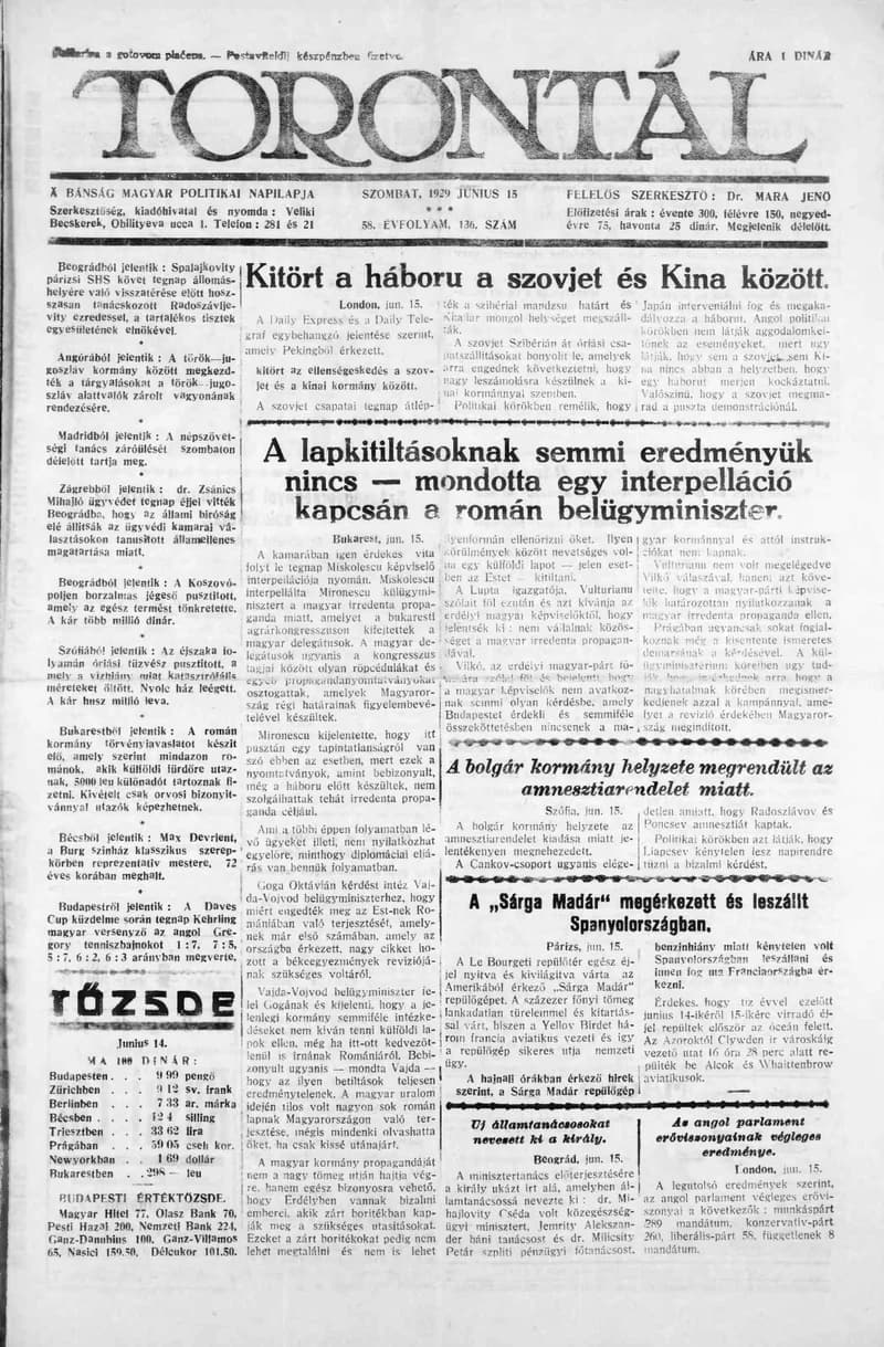 Torontál, 58. évf. 1929. június 15. 136. sz.