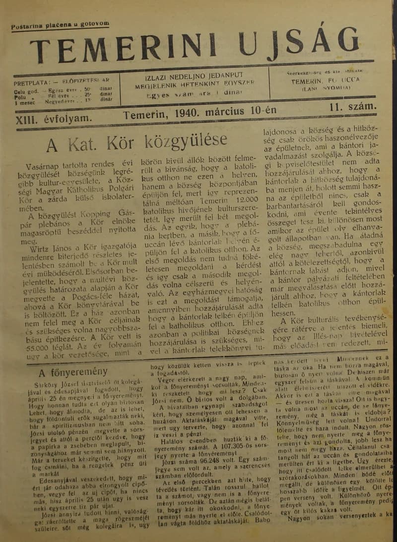 Temerini Újság 1928-1944, 13. évf. 1940. március 10. 11. sz.