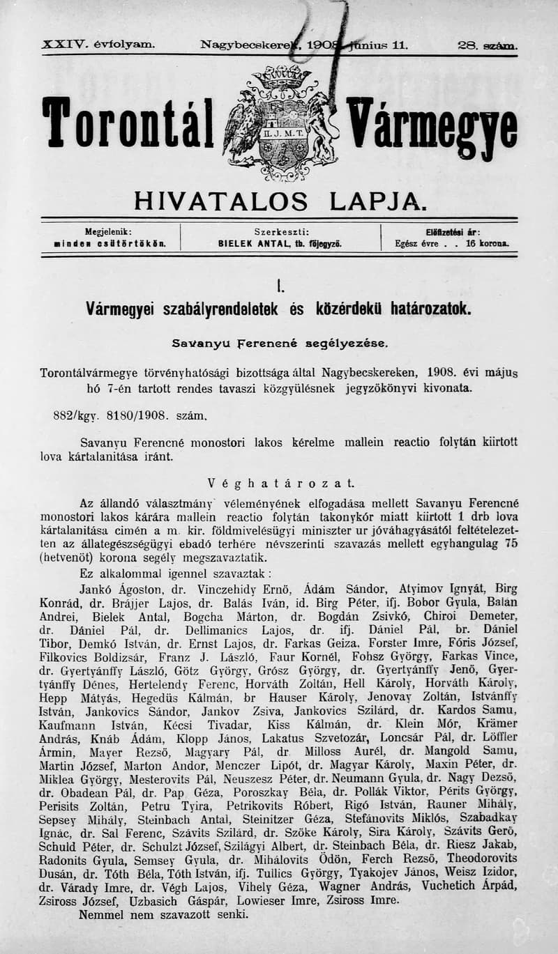 Torontál Vármegye Hivatalos Lapja, 24. évf. 1908. június 11. 28. sz.