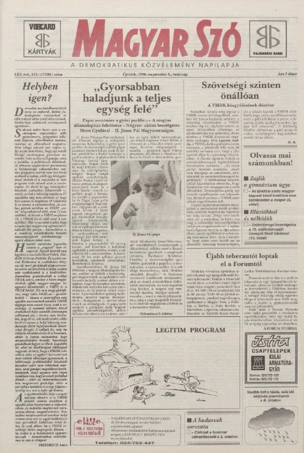Magyar Szó, 53. évf. 1996. szeptember 8. 213. sz. 1–24. oldal