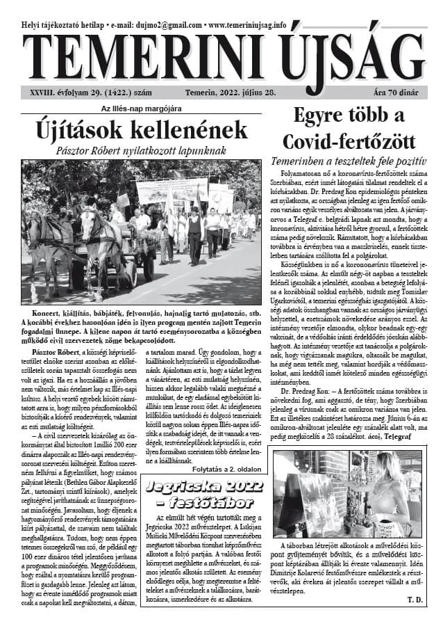 Temerini Újság, 28. évf. 2022. július 28. 29. sz.