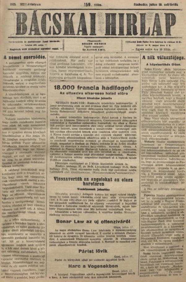 Bácskai Hirlap, 22. évf. 1918. július 18. 159. sz.