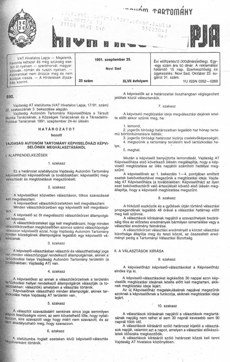 Vajdaság Szocialista Autonóm Tartomány Hivatalos Lapja, 47. évf. 1991. szeptember 25. 23. sz.