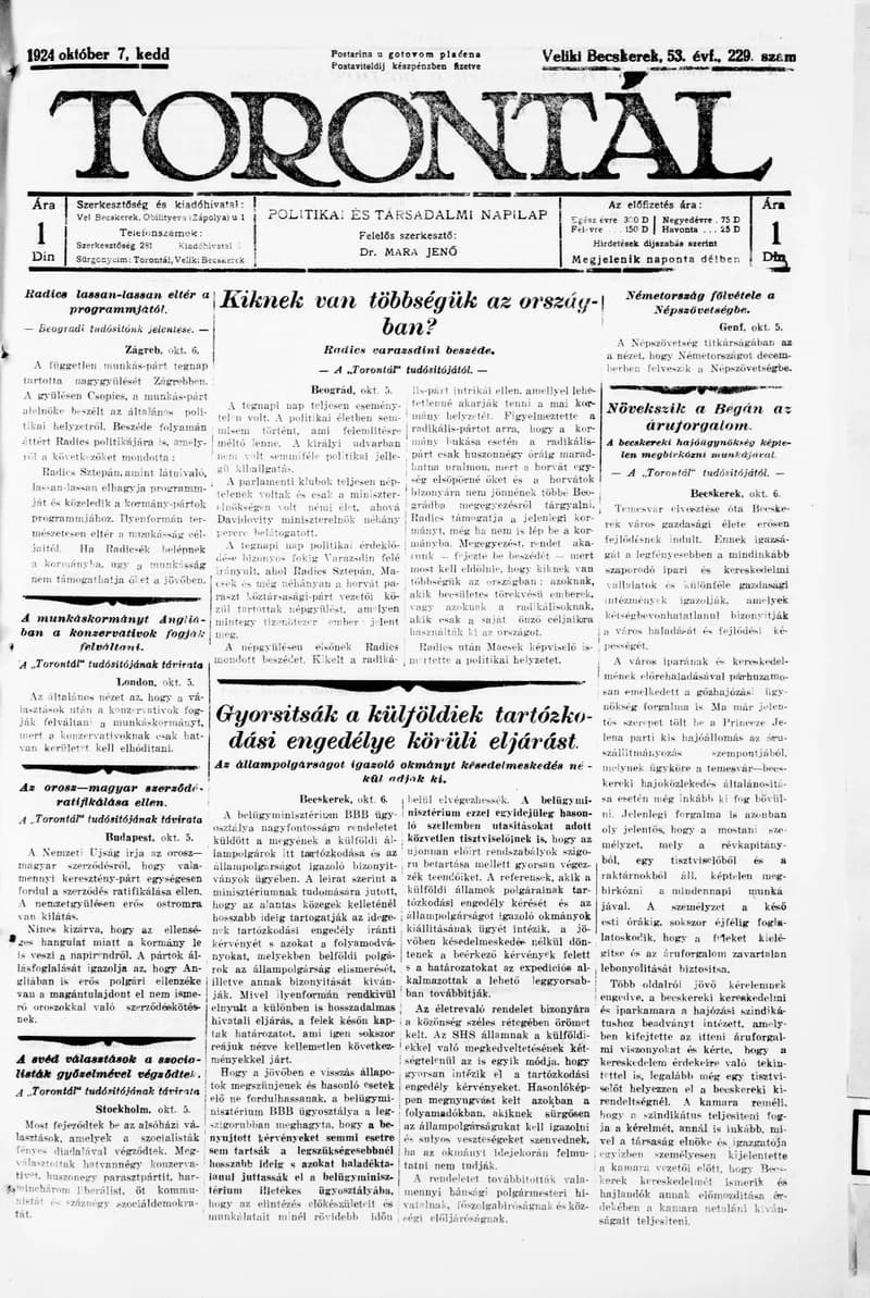 Torontál, 53. évf. 1924. október 7. 229. sz.