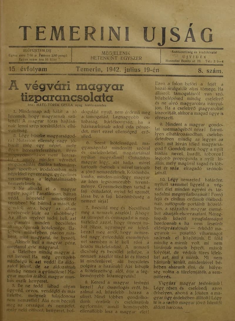 Temerini Újság 1928-1944, 15. évf. 1942. július 19. 8. sz.