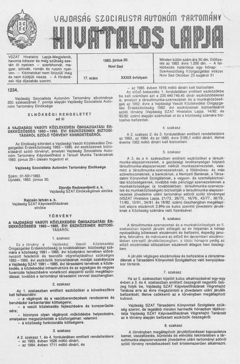 Vajdaság Szocialista Autonóm Tartomány Hivatalos Lapja, 39. évf. 1983. június 30. 17. sz.