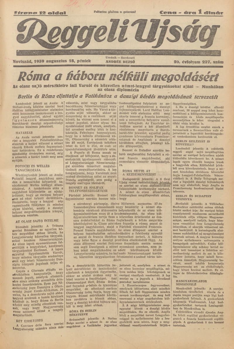 Reggeli Újság, 20. évf. 1939. augusztus 18. 227. sz.