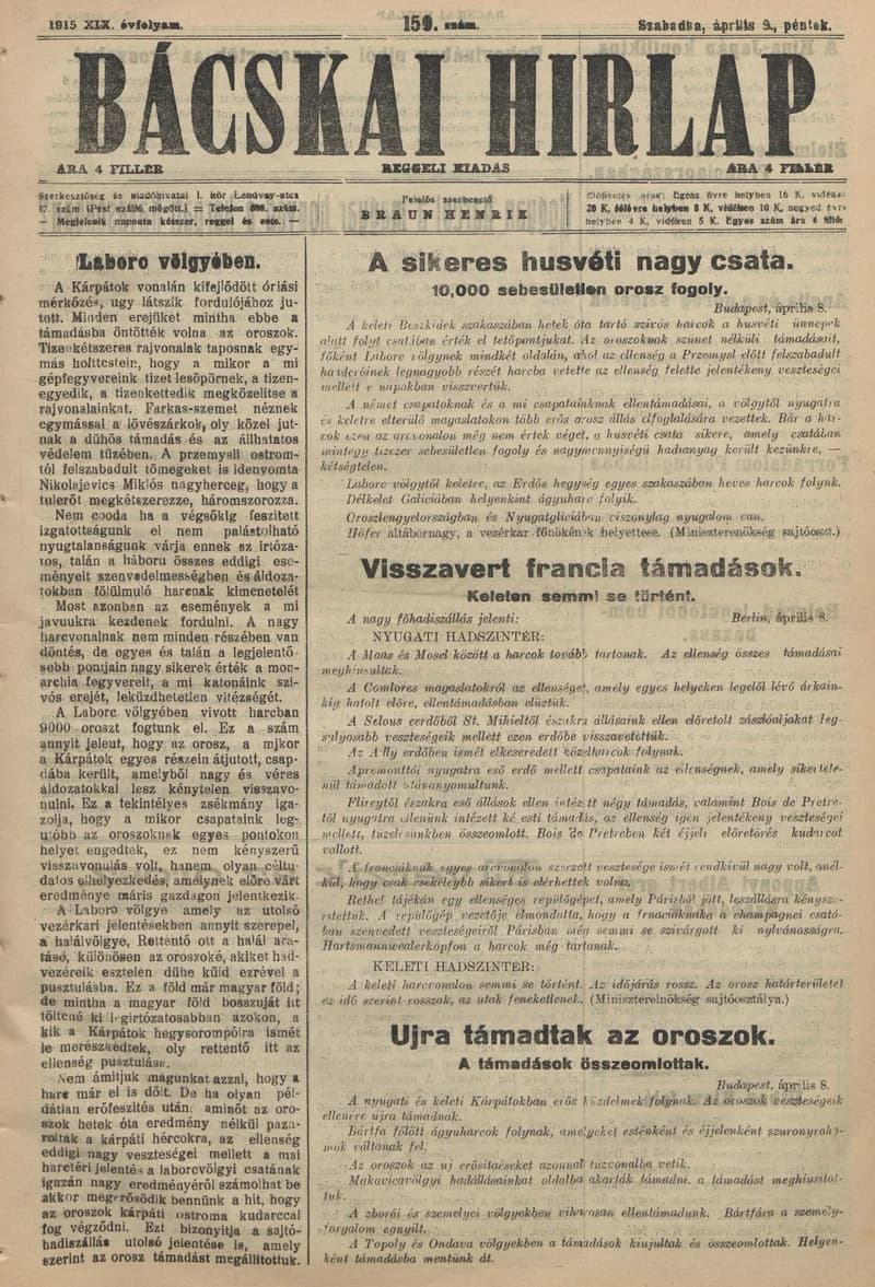 Bácskai Hirlap, 19. évf. 1915. április 9. 159. sz.