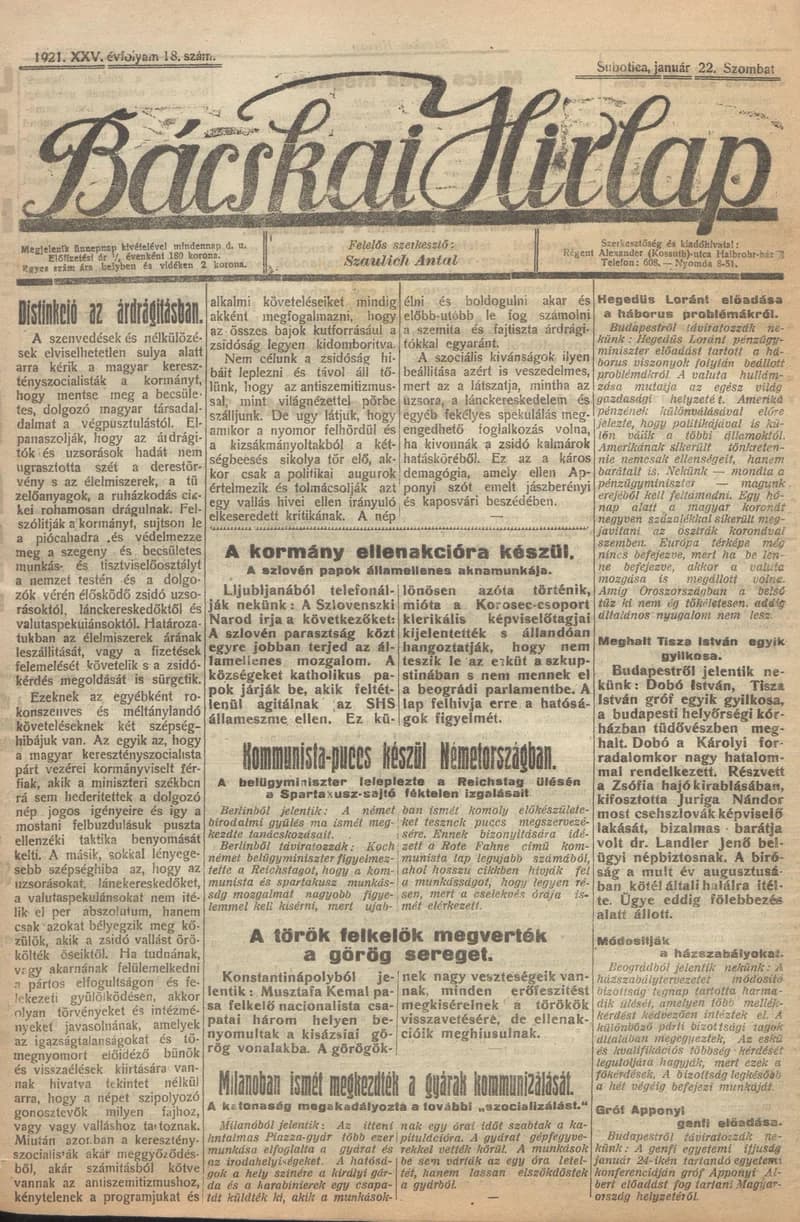 Bácskai Hirlap, 25. évf. 1921. január 22. 18. sz.