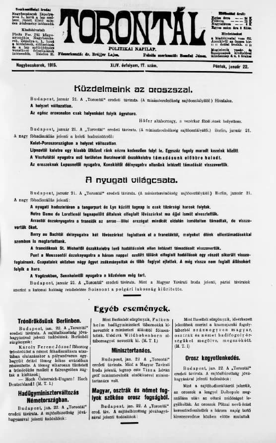 Torontál, 44. évf. 1915. január 22. 17. sz.