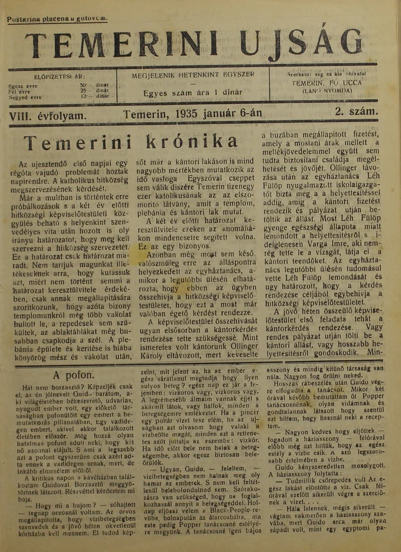 Temerini Újság 1928-1944, 8. évf. 1935. január 6. 2. sz.