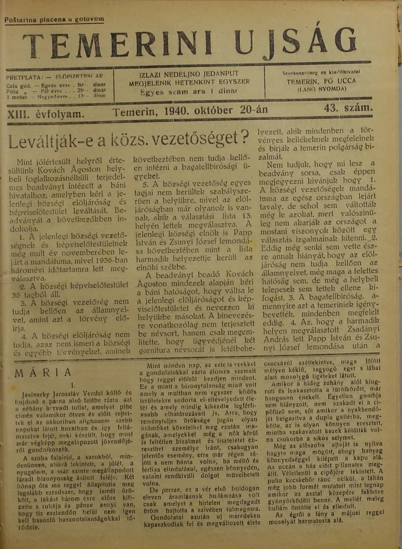 Temerini Újság 1928-1944, 13. évf. 1940. október 20. 43. sz.