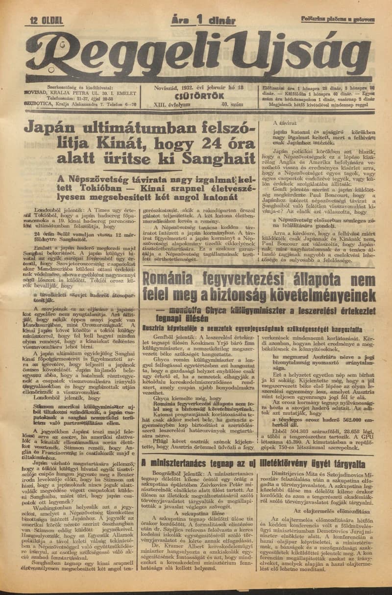 Reggeli Újság, 13. évf. 1932. február 18. 40. sz.