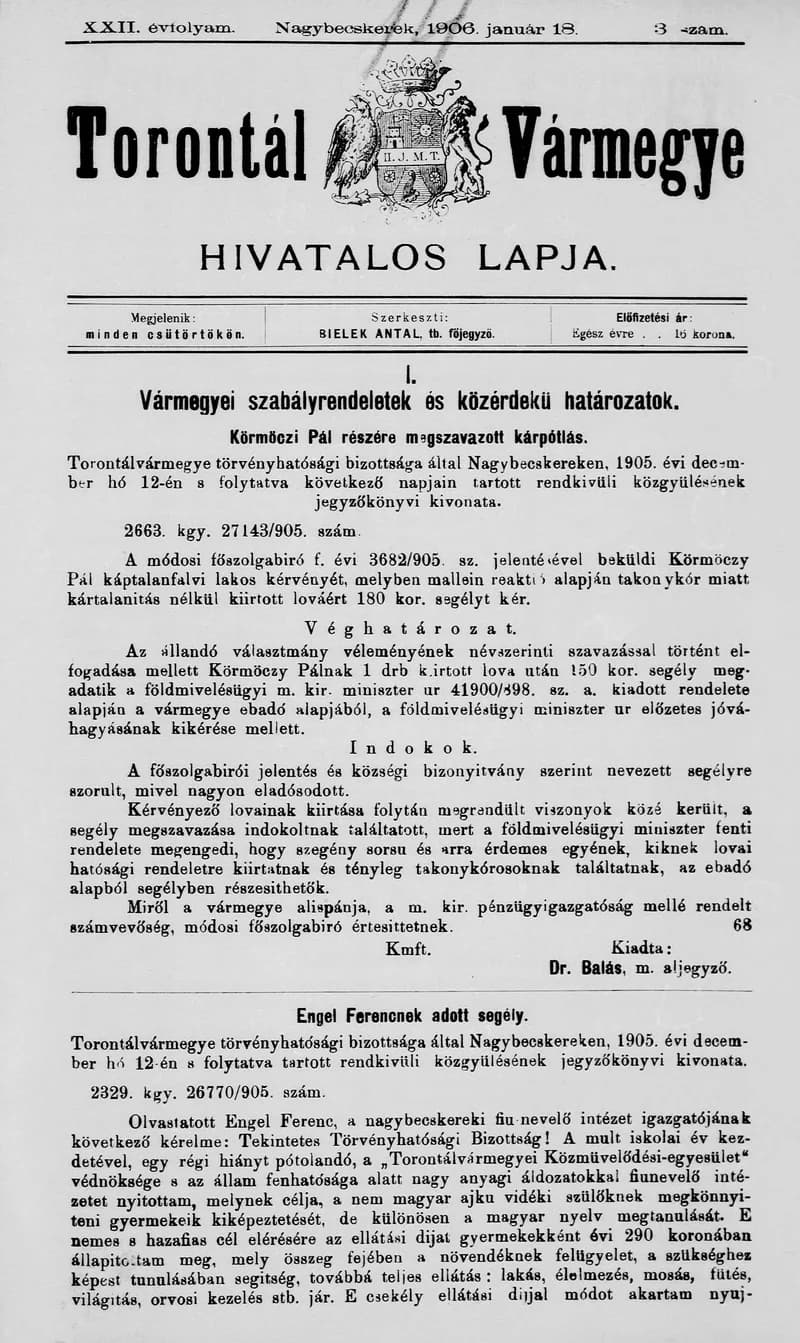 Torontál Vármegye Hivatalos Lapja, 22. évf. 1906. január 18. 3. sz.