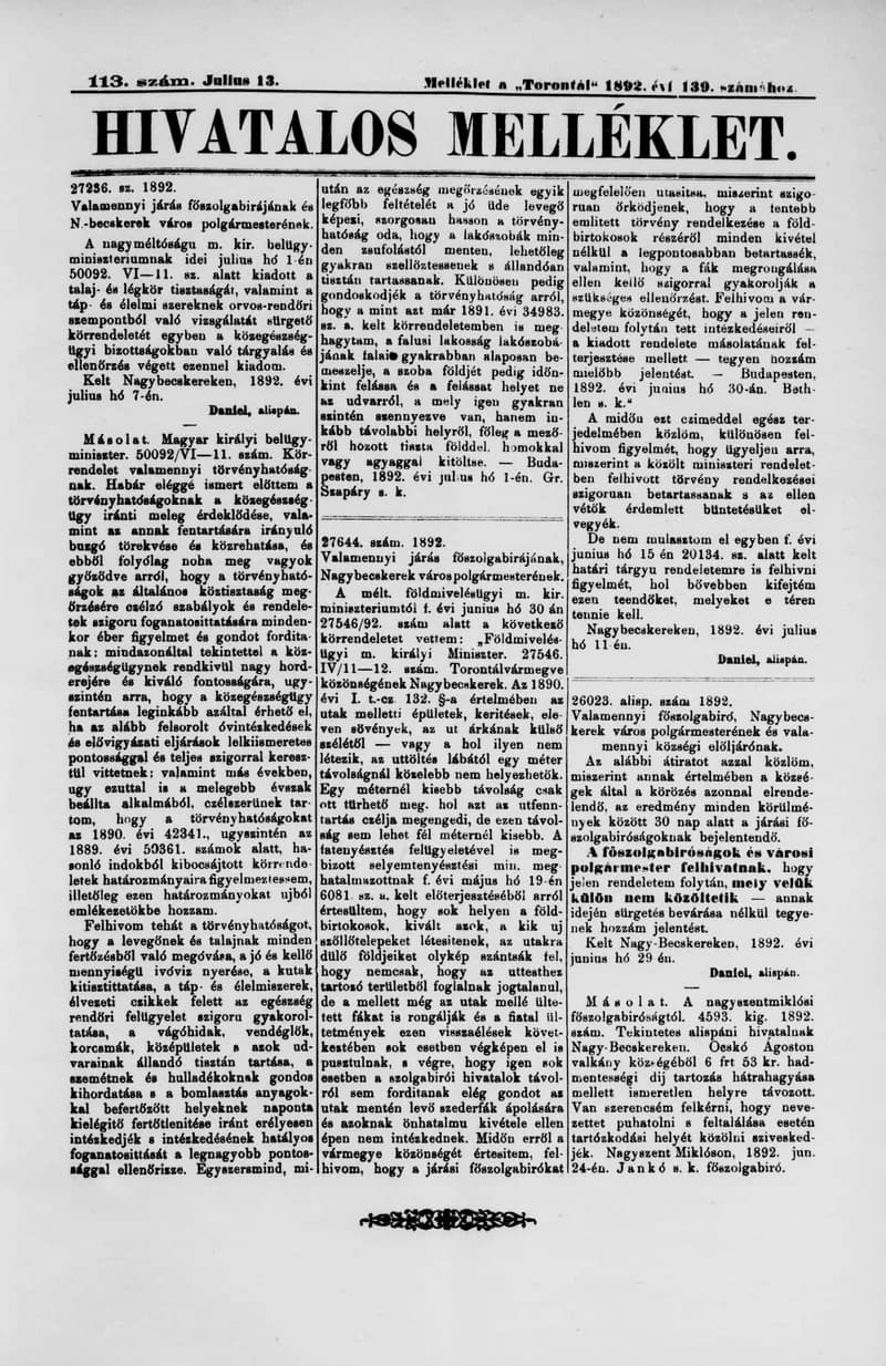 A Totontál  hivatalos melléklete, 5. évf. 1892. július 13. 113. sz.