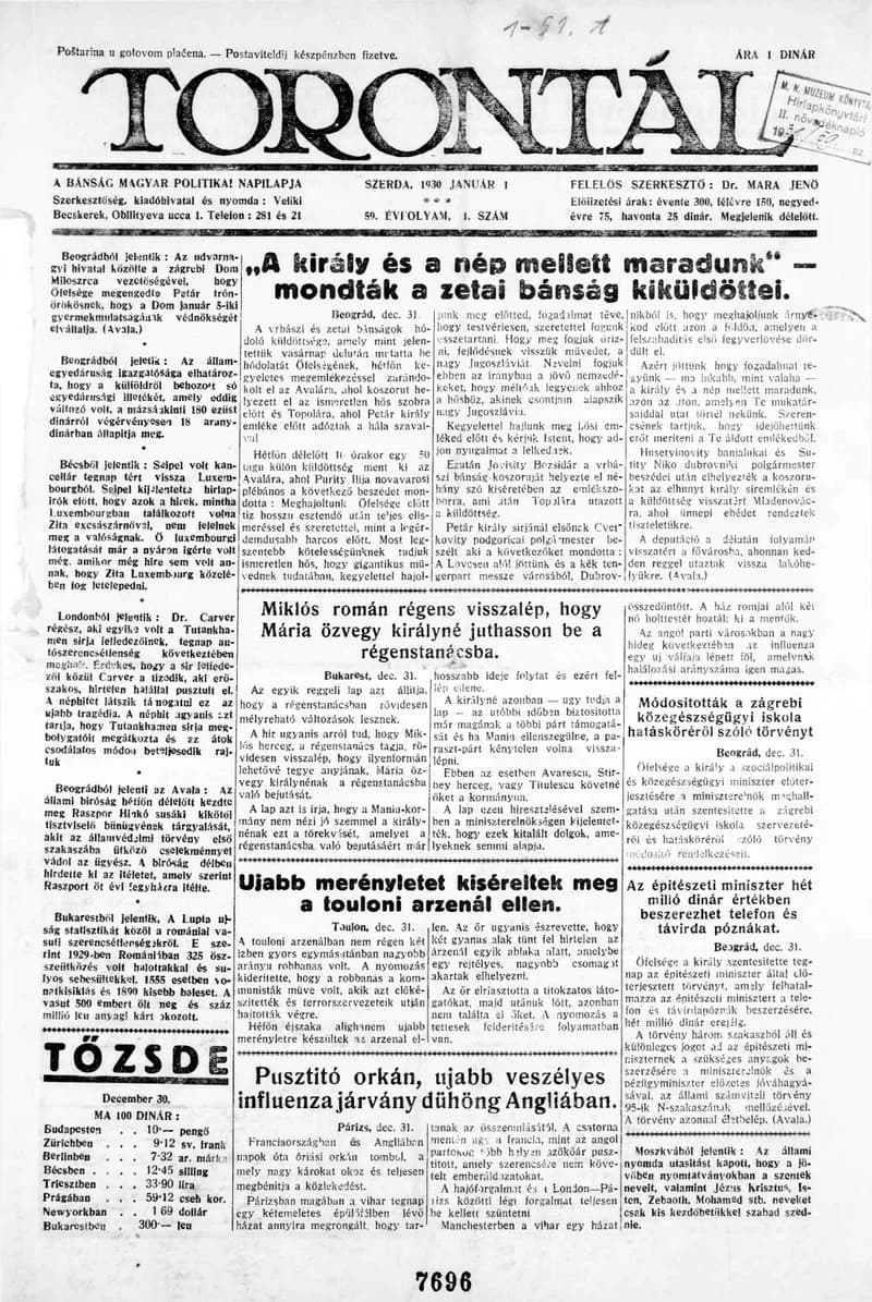 Torontál, 59. évf. 1930. január 1. 1. sz.