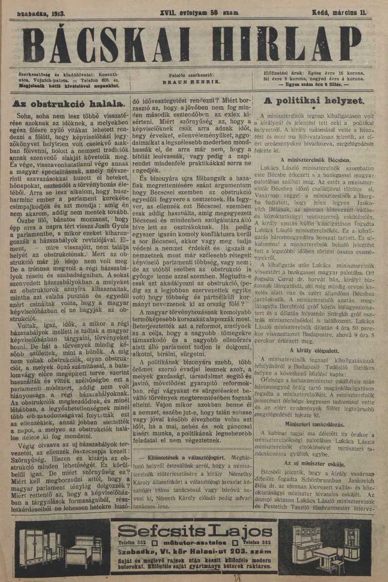 Bácskai Hirlap, 17. évf. 1913. március 11. 58. sz.