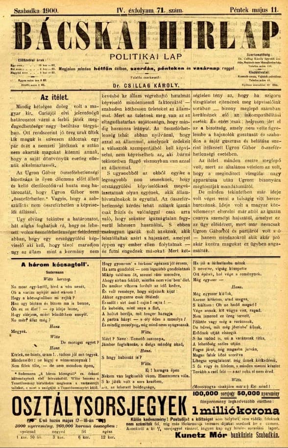 Bácskai Hirlap, 4. évf. 1900. május 11. 71. sz.