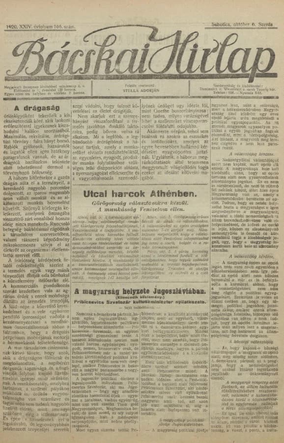 Bácskai Hirlap, 24. évf. 1920. október 6. 166. sz.