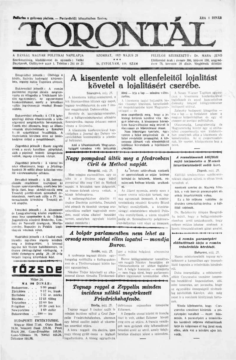 Torontál, 58. évf. 1929. május 25. 119. sz.