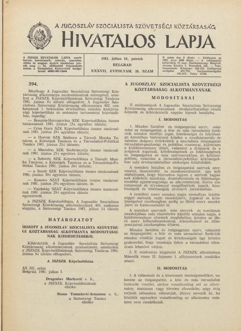 A Jugoszláv Szocialista Szövetségi Köztársaság Hivatalos Lapja, 37. évf. 1981. július 10. 38. sz. 981–996. oldal