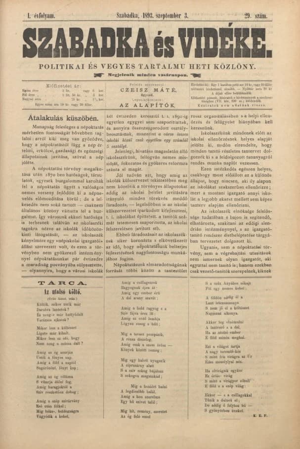 Szabadka és vidéke II, 1. évf. 1893. szeptember 3. 29. sz.