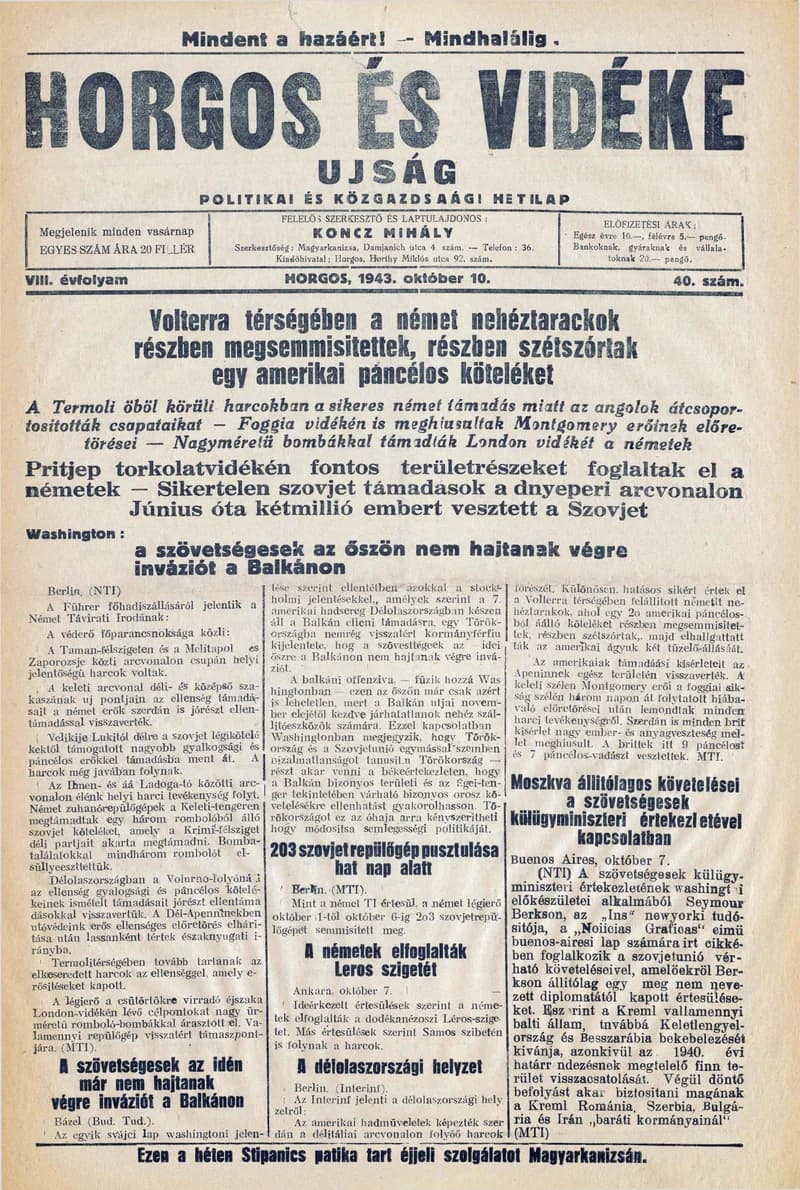 Horgos és vidéke, 8. évf. 1943. október 10. 40. sz.
