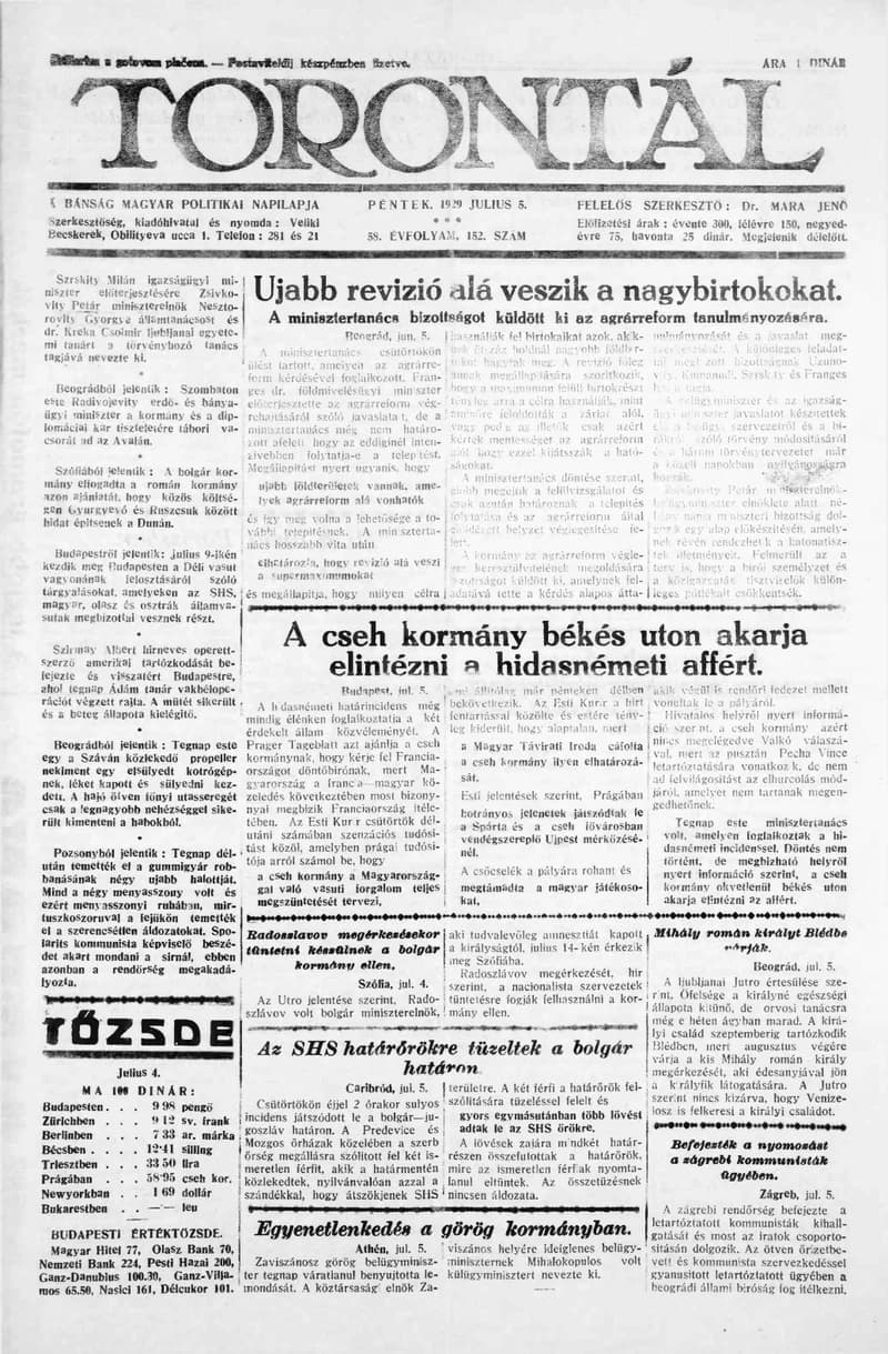 Torontál, 58. évf. 1929. július 5. 152. sz.