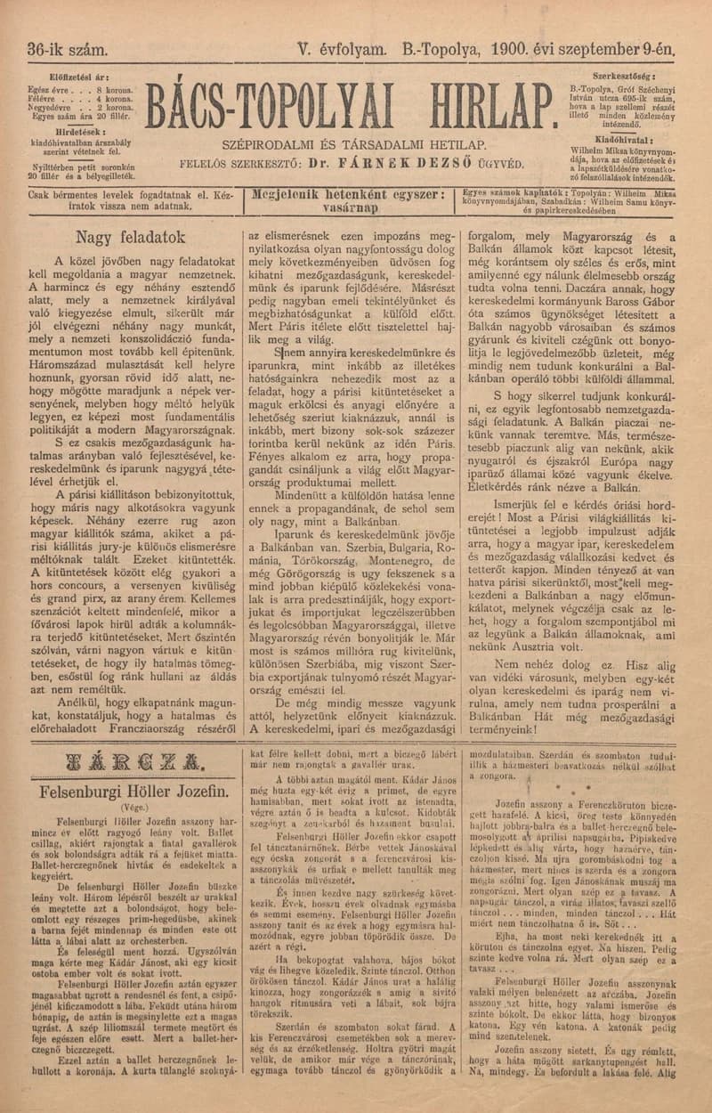 Bács-Topolyai Hirlap, 5. évf. 1900. szeptember 9. 36. sz.