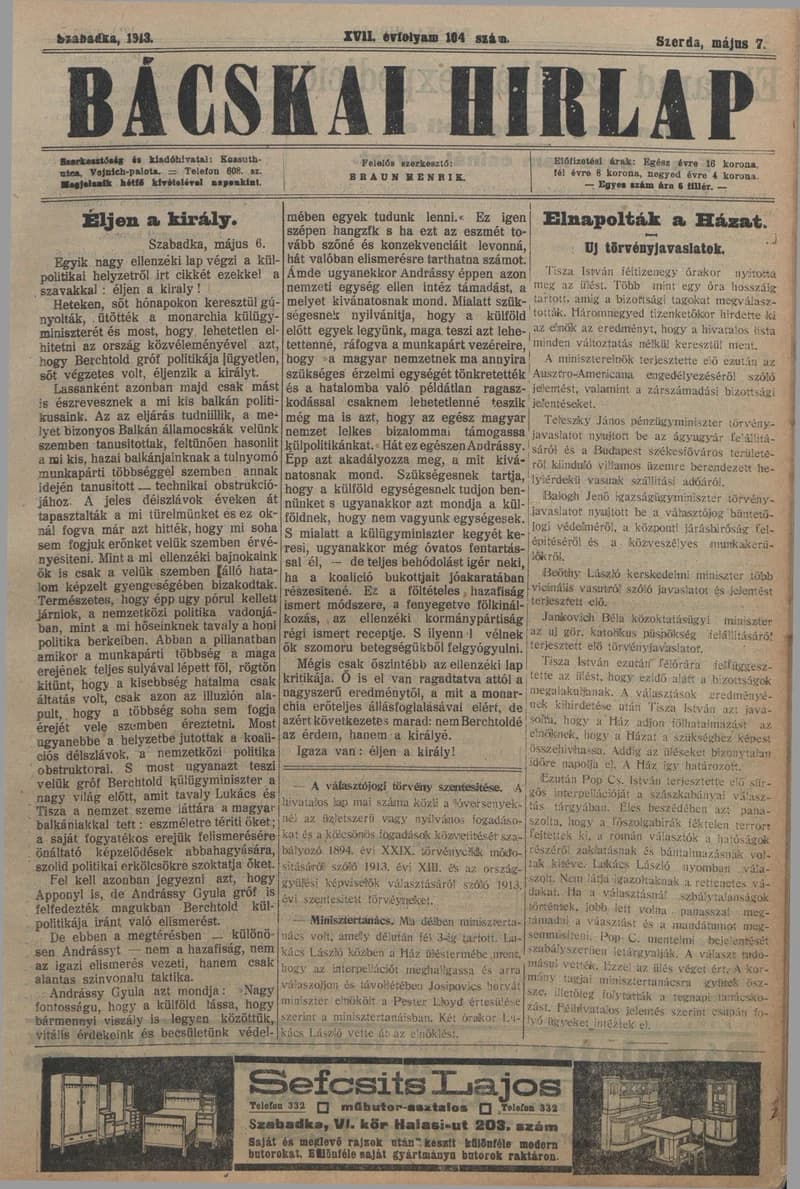 Bácskai Hirlap, 17. évf. 1913. május 7. 104. sz.