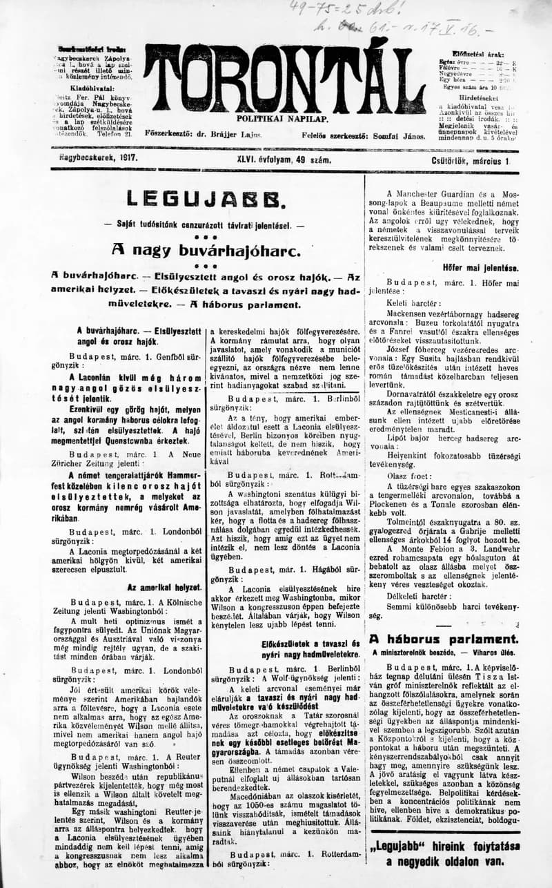Torontál, 46. évf. 1917. március 1. 49. sz.