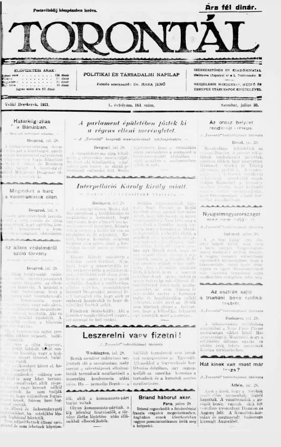 Torontál, 50. évf. 1921. július 30. 164. sz.