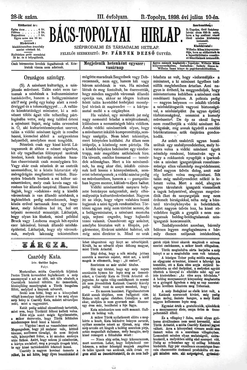 Bács-Topolyai Hirlap, 3. évf. 1898. július 10. 28. sz.
