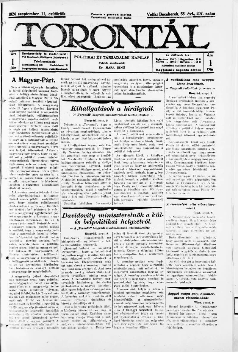 Torontál, 53. évf. 1924. szeptember 11. 207. sz.