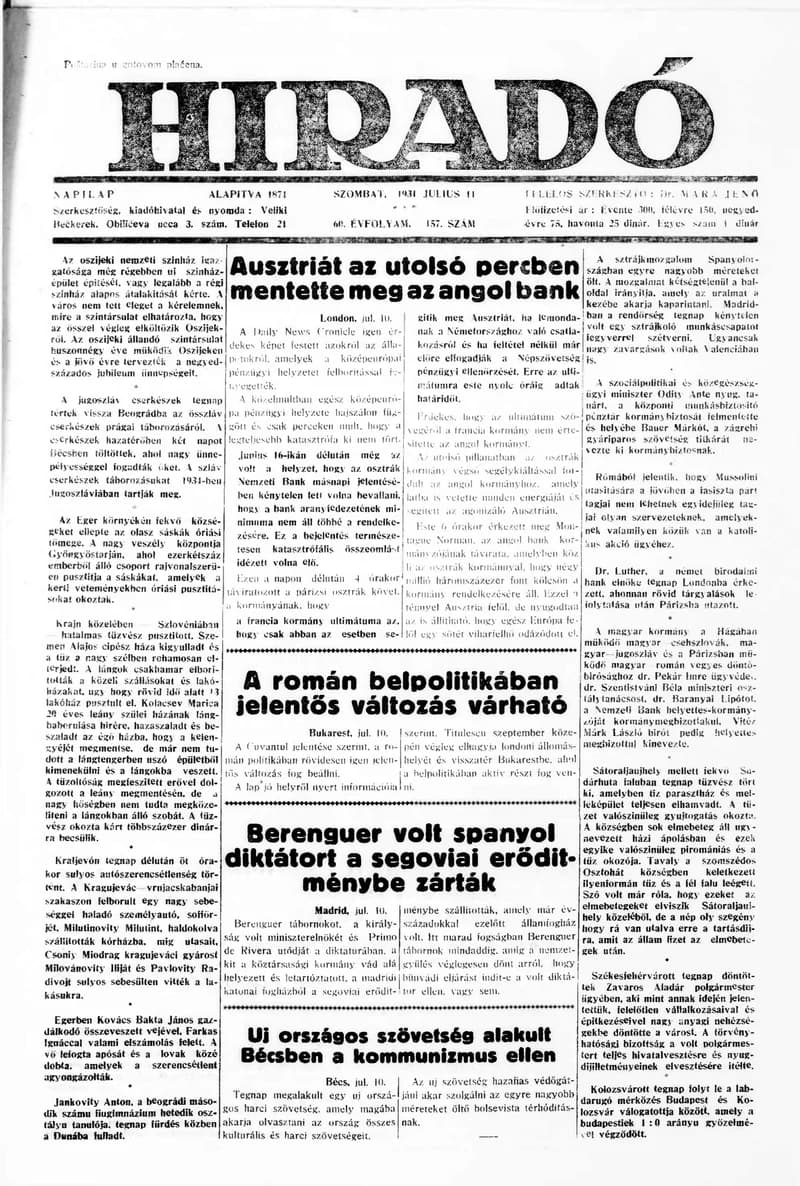 Híradó, 60. évf. 1931. július 11. 157. sz.