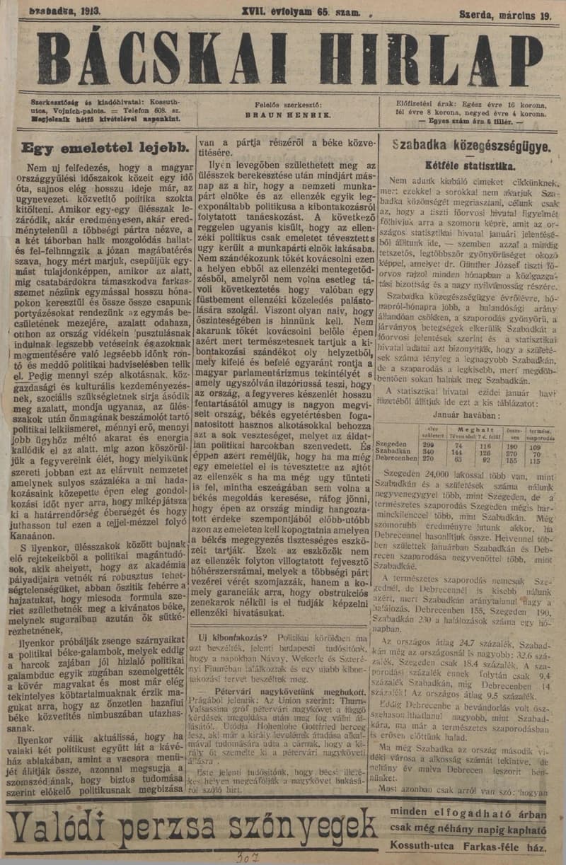 Bácskai Hirlap, 17. évf. 1913. március 19. 65. sz.