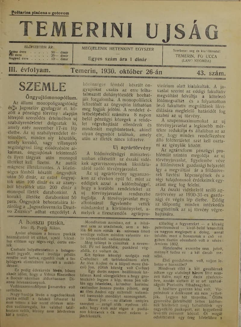 Temerini Újság 1928-1944, 3. évf. 1930. október 26. 43. sz.