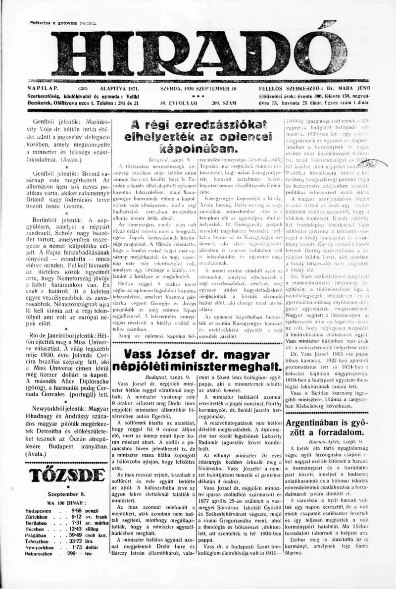 Híradó, 59. évf. 1930. szeptember 10. 209. sz.
