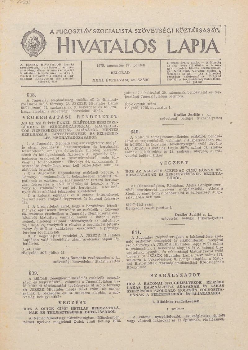 A Jugoszláv Szocialista Szövetségi Köztársaság Hivatalos Lapja, 31. évf. 1975. augusztus 22. 42. sz. 1177–1200. oldal