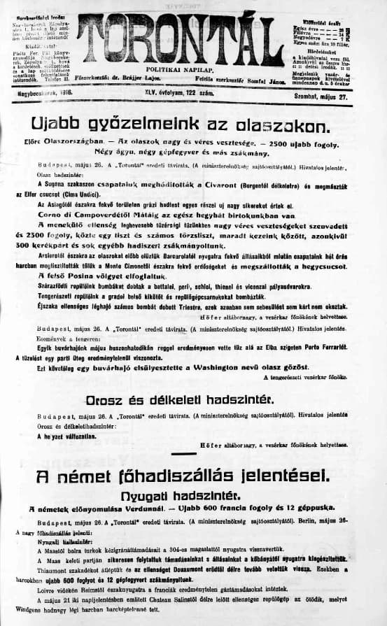 Torontál, 45. évf. 1916. május 27. 122. sz.
