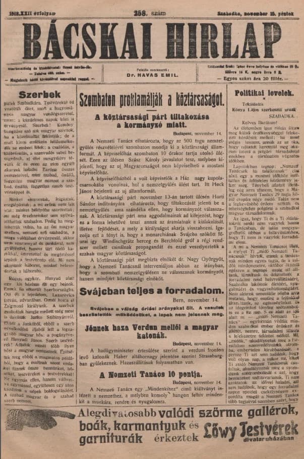 Bácskai Hirlap, 22. évf. 1918. november 15. 258. sz.