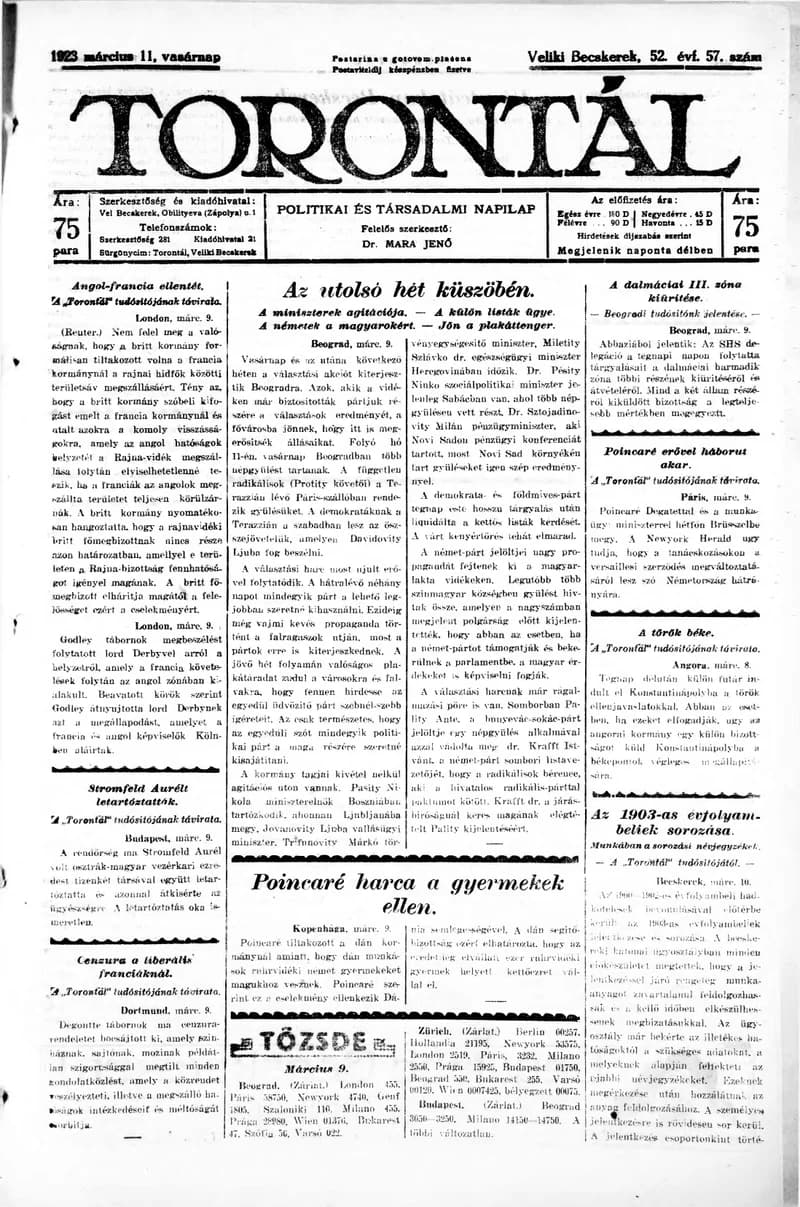 Torontál, 52. évf. 1923. március 11. 57. sz.