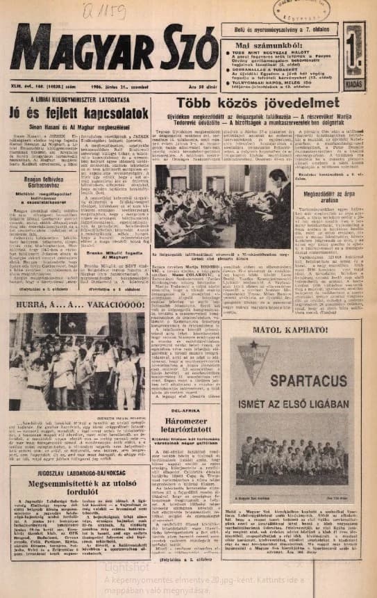 Magyar Szó, 43. évf. 1986. június 21. 168. sz. 1–24. oldal
