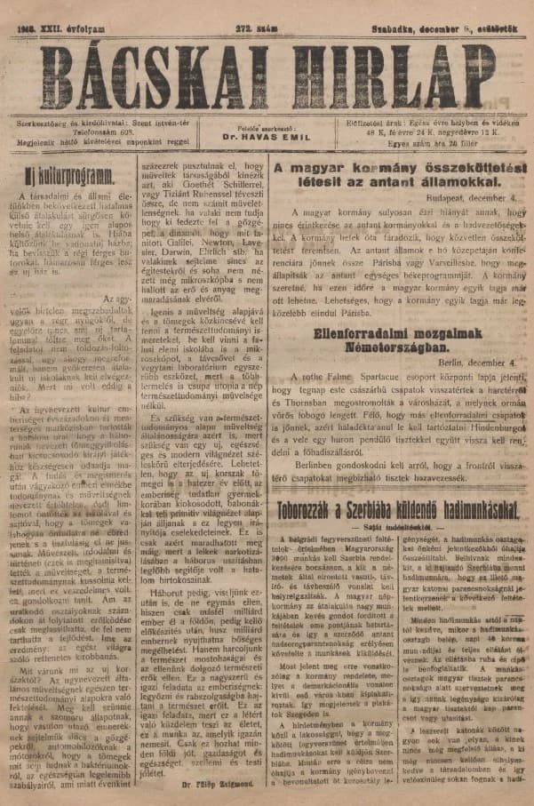 Bácskai Hirlap, 22. évf. 1918. december 5. 272. sz.