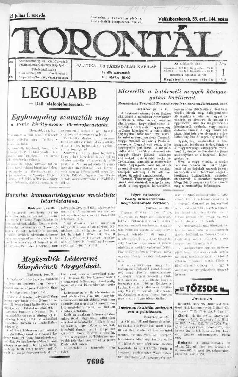 Torontál, 54. évf. 1925. július 1. 144. sz.