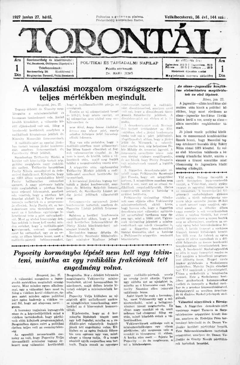 Torontál, 56. évf. 1927. június 27. 144. sz.